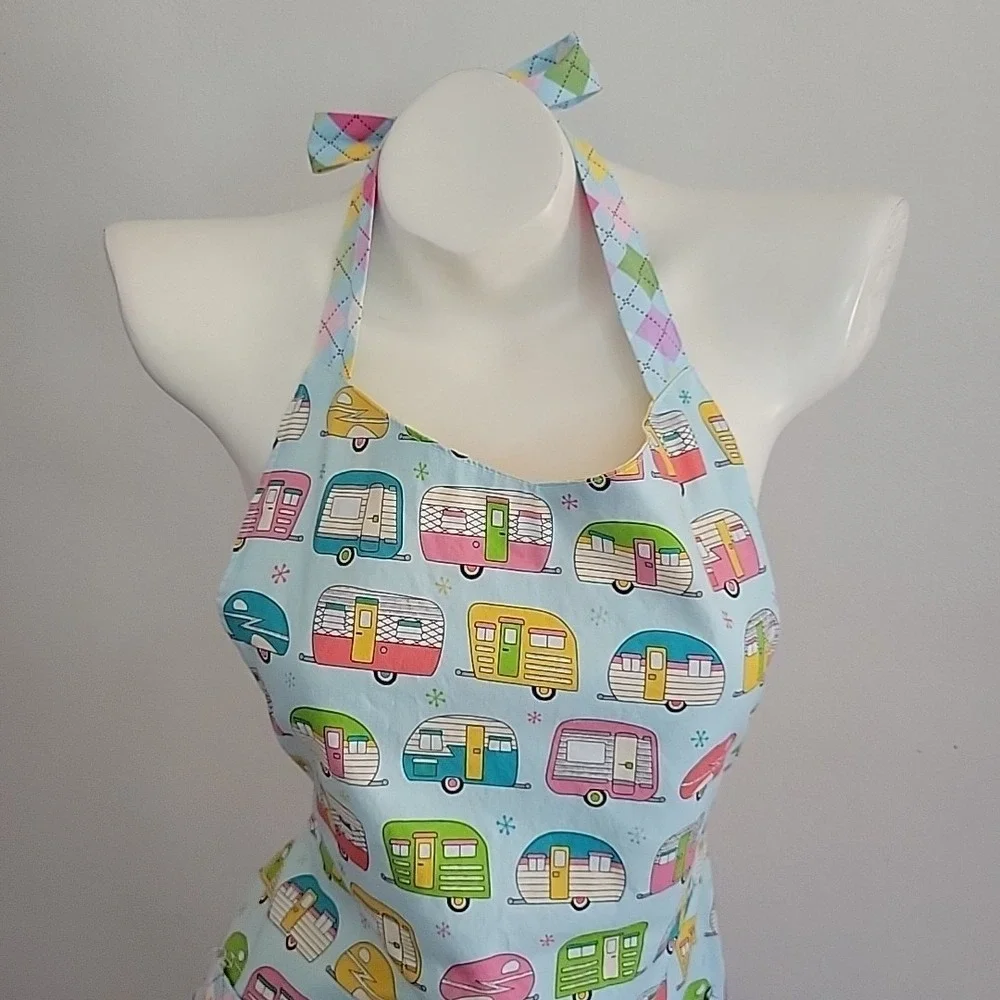 Handmade Halter Apron Retro Campers Damask Print Reversible Self‎ Tie Mod Foodie